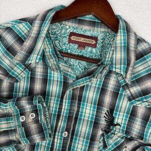 Cody James Saddle Ranch Western Shirt Mens L Blue Plaid Embroidered Rodeo Cowboy